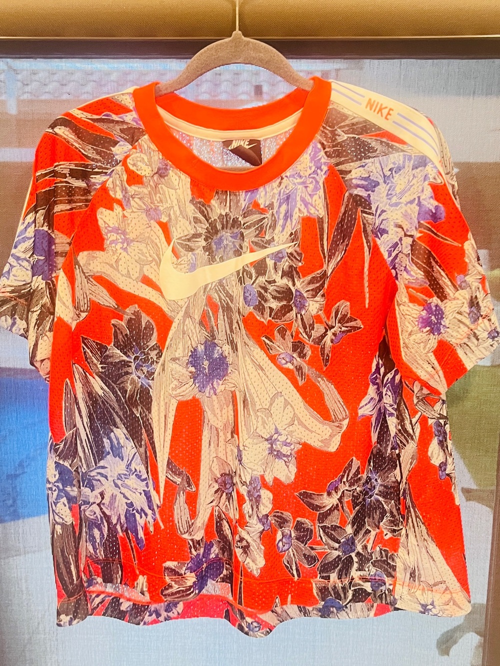 Nike Red Floral Athletic Tee with Purple Accents